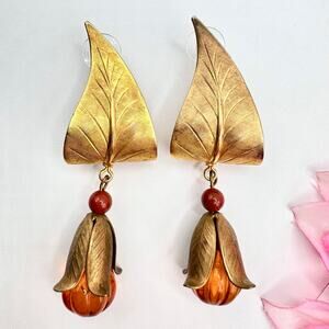 Vintage Kate Hines Huge Curled Leaf Amber Tone Blossom Drop Earrings Pierced